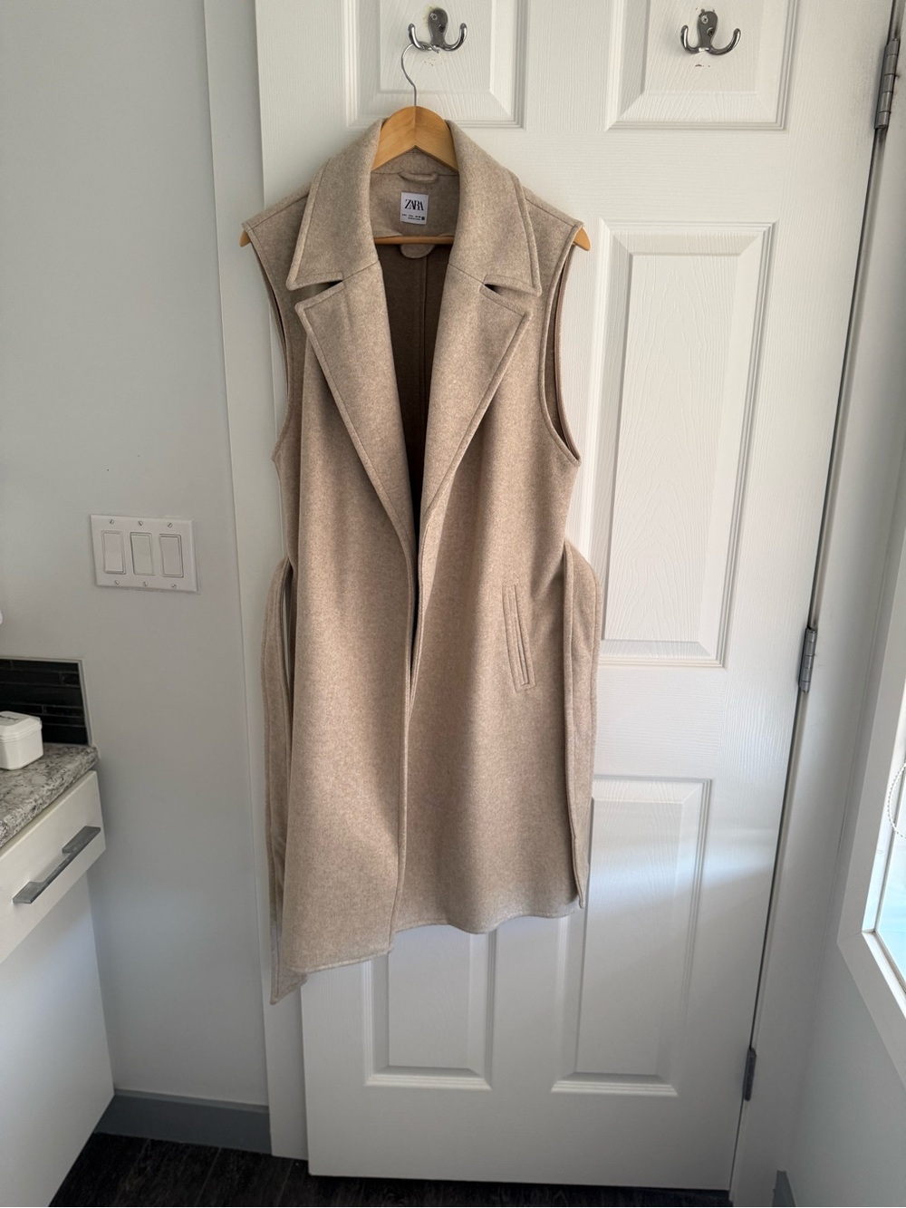 Zara Beige Long Wool-Blend Sleeveless Vest